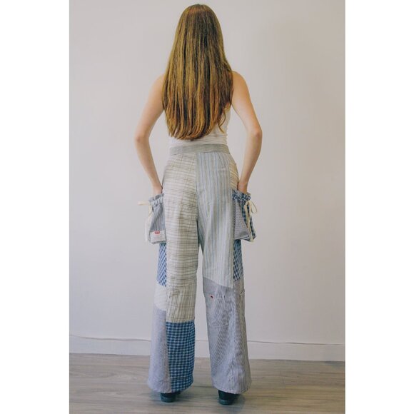 Rework Vintage Patchwork Flannel Pouch Pocket Flared Cargo Pants - Picture 6 of 11